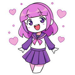 anime girl with long, vibrant pink hair, wearing a fashionable purple outfit. She should be winking with a joyful expression and small hearts around her