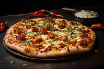 Fresh Gourmet Pizza with Melted Cheese and Greens on Wooden Table