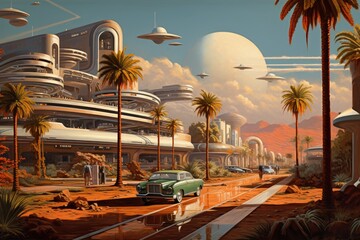 Red Spaceship Hovering Over Futuristic Cityscape