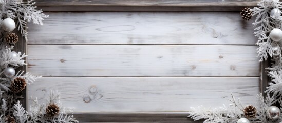 Fototapeta premium An old white wood table serves as a background for a festive Christmas decoration frame offering ample copy space for images