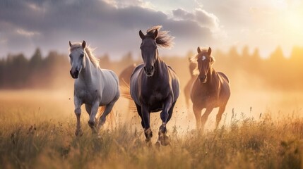 Sunset Gallop - Three Majestic Horses Running in a Dusty Field