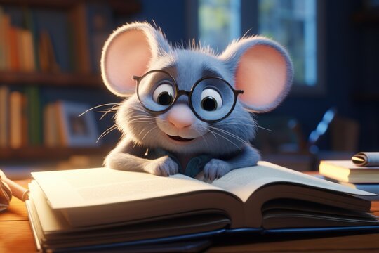 Adorable Cartoon Mouse Studying in Library
