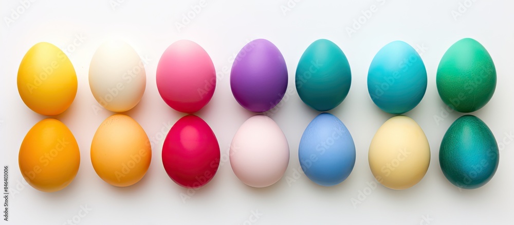 Poster a flat lay of isolated easter eggs in various rainbow colors on a white background with plenty of co