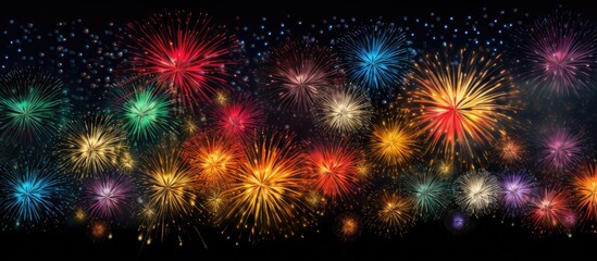 Fototapeta premium A vibrant display of multicolored starburst fireworks illuminating a black backdrop with ample space for written content