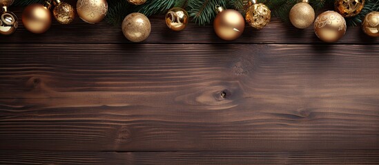 Naklejka premium A festive Christmas background featuring wooden ornaments golden balls and bells arranged on a rustic wooden table Ideal for a New Year s card this image offers copy space and a top down view for a v