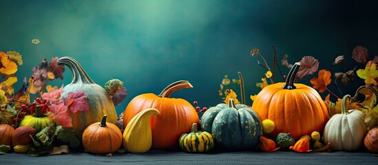 An autumn themed composition featuring ripe pumpkins and natural forest decorations set against a colorful background creating a copy space image