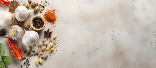 Obraz premium A top view of a culinary theme with a variety of spices such as garlic basil pepper and salt laid out on a light beige slate stone or concrete table with ample copy space in the image