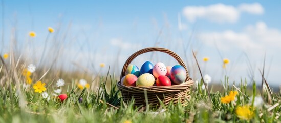A basket filled with vibrant Easter eggs on a beautiful meadow with enough empty space for text in the image. copy space available