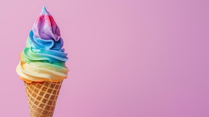 Colorful Rainbow Ice Cream Cone on Pink Background
