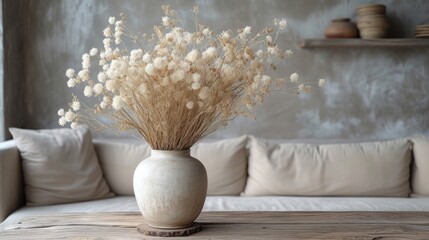 Cozy Living Room Interior with Dried Flowers in Vase on Wooden Table