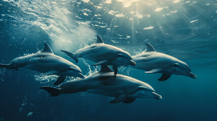 Fototapeta premium Two sparkling dolphins jumping out of the water at sunrise. Dolphins Jumping From The Sea. a pod of dolphins including fully grown and juvenile taken from a boat off the coast of Reykjavik Iceland. 