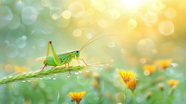  A grasshopper up close on blades of grass, flowers near, background blurred with grass and flowers