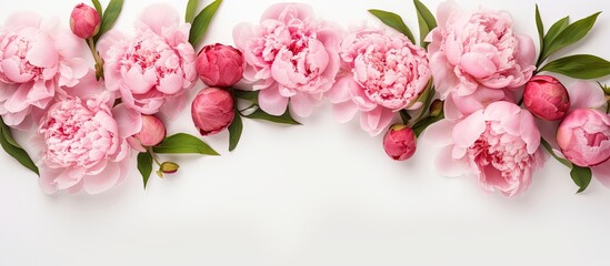 A flat lay copy space image featuring a white background adorned with a frame of beautiful pink peonies leaving room for text