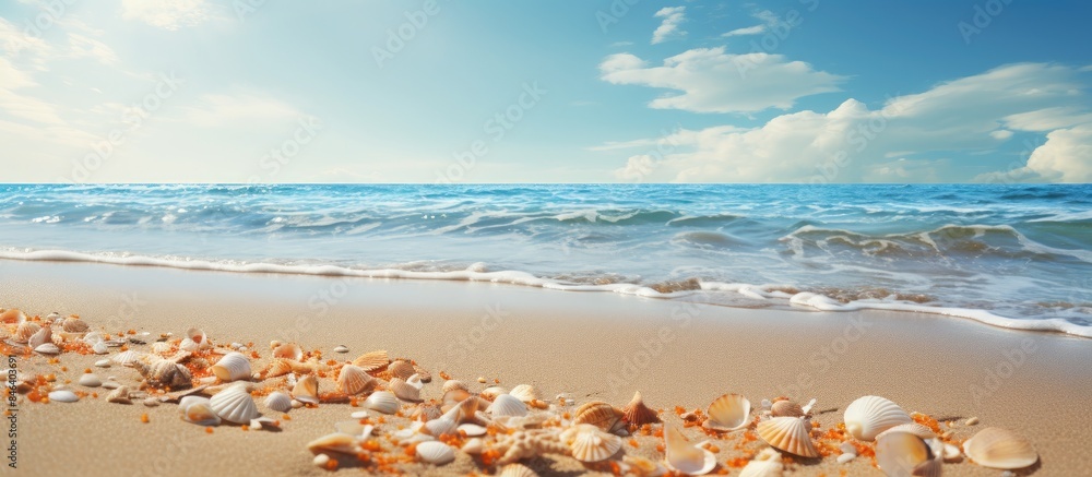 Poster a serene beach scene with seashells scattered across the sandy shore creating a perfect summer setti
