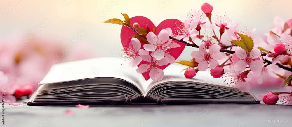 Poster a red heart is displayed on a book surrounded by papers and pink flowers at the corner there is a co