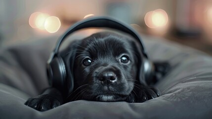 Black puppy with headphones lying down.