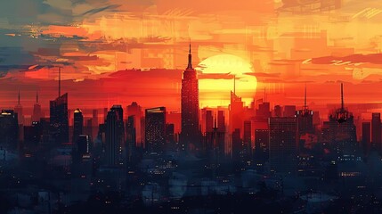 Fototapeta premium An artistic interpretation of a cityscape at dusk, showcasing the silhouette of towering skyscrapers against the setting sun, emphasizing modern architecture and urban elegance with a touch of whimsy