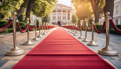 Perspective view red velvet rope barrier and golden poles and red carpet