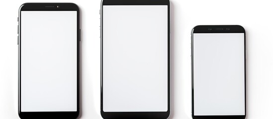 A hand holds a smartphone with a blank screen against a white backdrop providing ample copy space for images