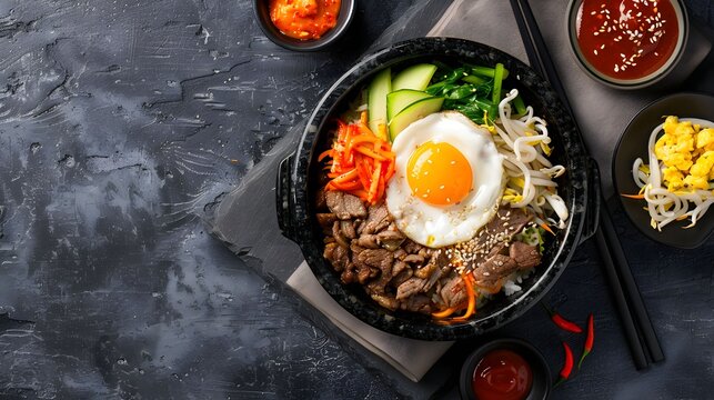 Traditional Korean dish bibimbap with fried agg, beef and vegetables