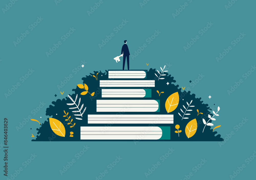 Poster business teamwork concept illustrated with manager holding key on stack of books symbolizing knowled
