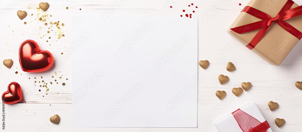 Wall mural A congratulatory letter with presents sits on a table while a top down view showcases a blank notebook sheet on a white background with copy space - Wall murals