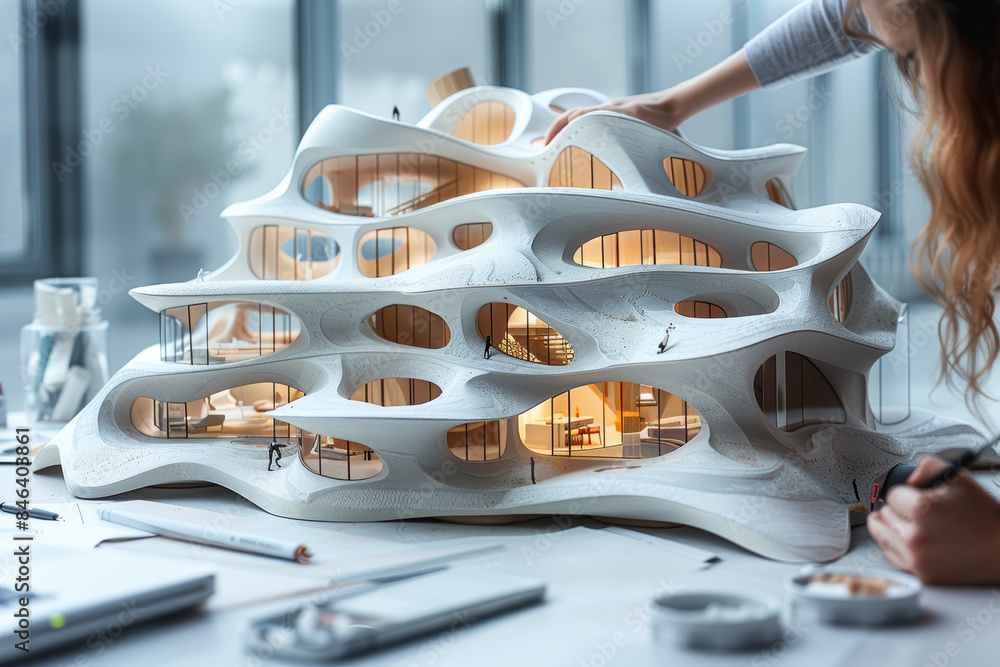 Poster an architect designing a building that morphs into organic shapes. concept of innovative architectur
