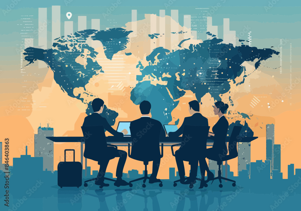 Poster global business meeting with team discussing trade and investment strategies in front of world map a