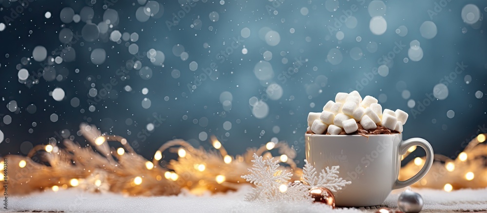 Poster a cup of hot cocoa with marshmallows on a festive christmas background providing ample copy space fo