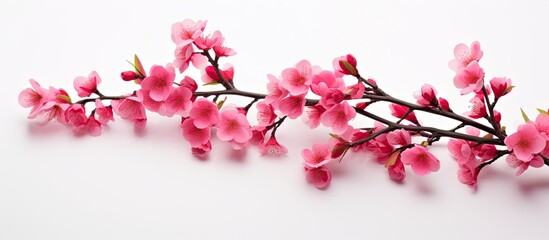 Naklejka premium Artificial branch of blossoming cherry with bright pink flowers isolated on white background copy space for text