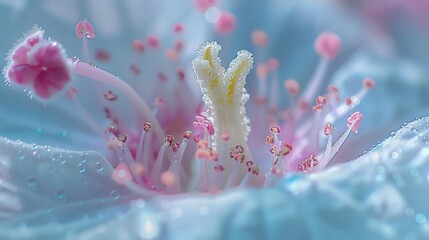 Fototapeta premium A close-up of a pink and white flower with dewdrops on its stamens