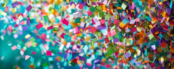 Obraz premium A vibrant explosion of confetti, featuring a burst of colorful paper pieces in various shapes and sizes