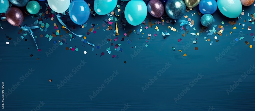 Poster a festive blue table decorated with colorful balloons and confetti creates a vibrant background for 