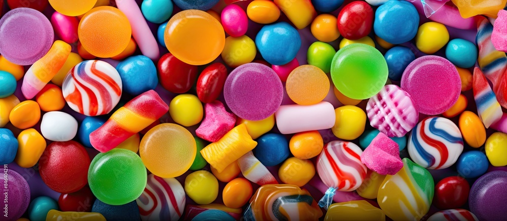 Poster a mixture of colorful candies in various shapes and sizes the image has plenty of copy space availab