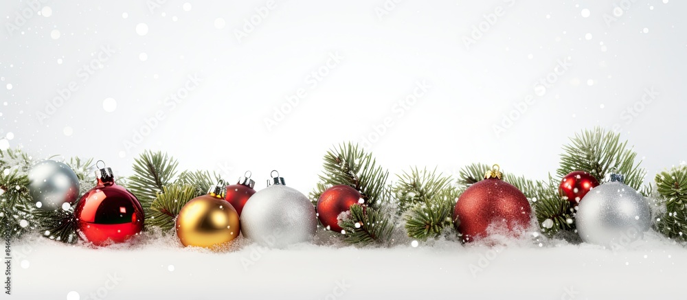 Poster a festive christmas border adorned with tree branches balls and a bokeh texture against a white back