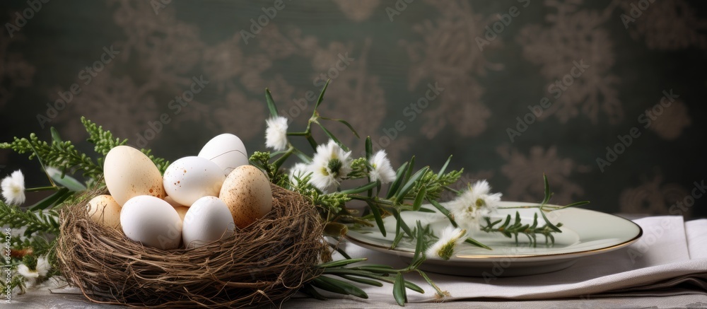 Poster a holiday themed table setting featuring eggs and a decorated willow branch serves as the perfect ba