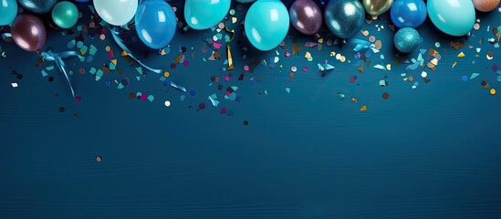 A festive blue table decorated with colorful balloons and confetti creates a vibrant background for a party The flat lay style of the image leaves ample copy space for text making it perfect for a bi