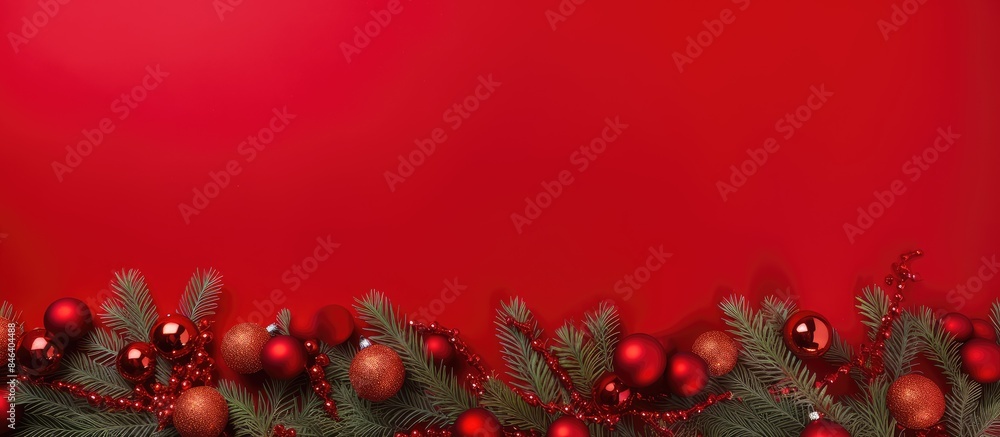 Poster a festive christmas scene with red decorations gift boxes and fir tree branches arranged on a red ba