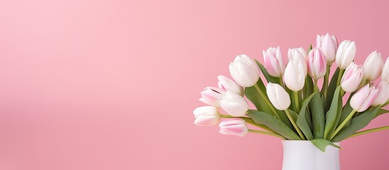 Obraz premium A copy space image featuring white tulips arranged in a vase set against a pink background