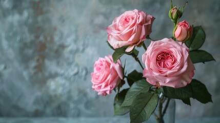Pink roses bouquet in a glass vase. Floral beauty and romance concept for design and print.