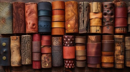 Fototapeta premium Leather-bound journals in red, yellow, blue, and brown on a rustic wooden surface.