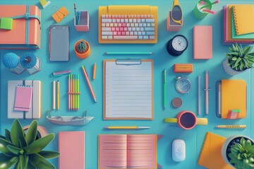 A captivating aerial view of a students desk showcasing effective study habits, with organized books, colorful stationery, and a motivational quote, in a digital art style