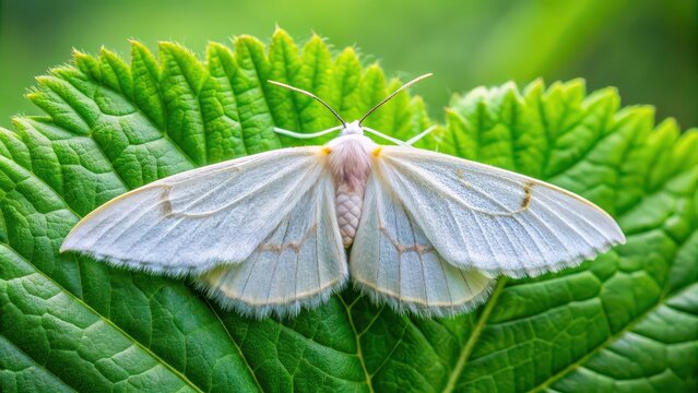 White silk moth sitting on green leaves, silk moth, green leaves, nature, insect, top view, wide panorama, wildlife, outdoor, macro photography, beautiful, delicate, wings, white color