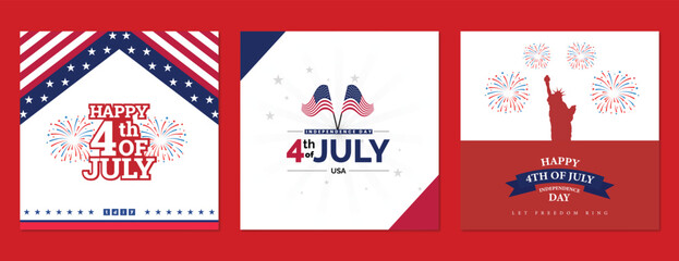 Happy 4th of july three social media post design usa, america, indenpendence, day, banner, red, blue, star, vector illustration
