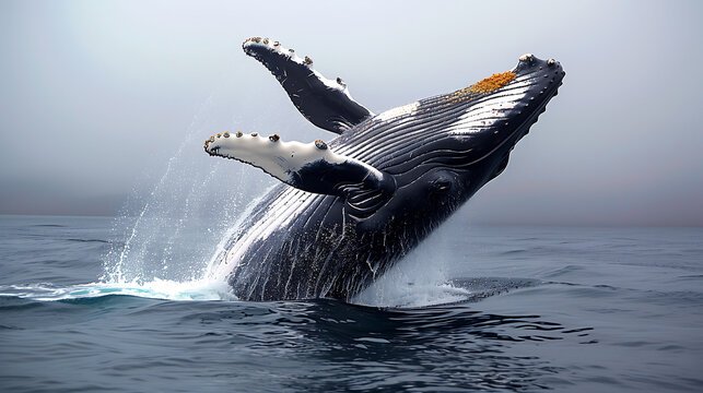 North Atlantic Right Whale (Eubalaena glacialis): The North Atlantic right whale is one of the most endangered large whale species. Humpback whale playfully swimming in clear blue ocean. Humpback. 
