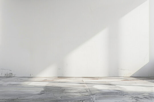 A large empty room with a white wall and a grey floor. The room is very bare and empty, with no furniture or decorations. The sunlight coming in through the window casts a shadow on the floor