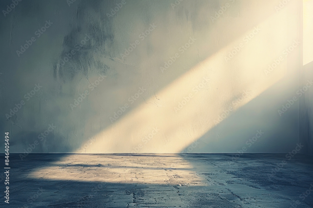 Poster A large empty room with a window that is letting in sunlight. The room is bare and empty, with no furniture or decorations. The sunlight is shining through the window, creating a warm