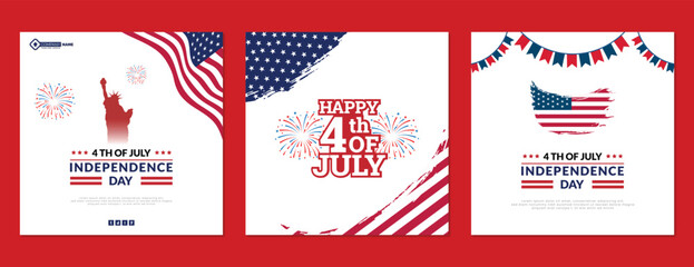Happy 4th of july three social media post design usa, america, indenpendence, day, banner, red, blue, star, vector illustration