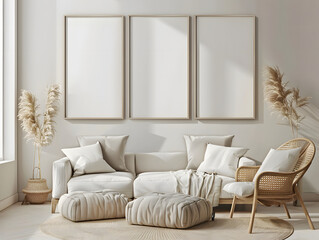 Three blank frames mockup hang in a living room
