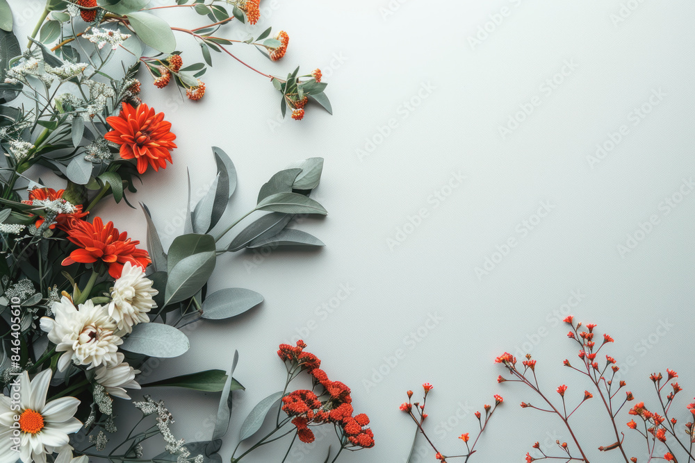 Poster a white background with a bunch of flowers on it. the flowers are arranged in a way that they are ov